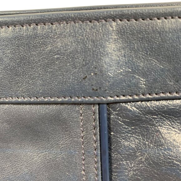 VTG 80s Blue Leather Clutch Handbag Gold Tone Hardware Top Zip Piping - Picture 9 of 9